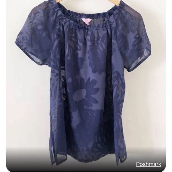Lily‎ Pulitzer navy blue sheer floralpattern cap sleeve blouse size XS - Picture 1 of 7
